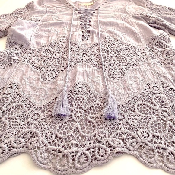 Lilac Tunic Top S/M Floral Cotton Lace-up Embroidered Crochet Blouse Flowy - Picture 7 of 15